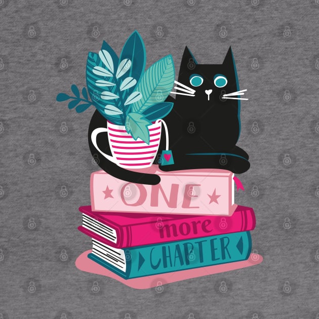 One more chapter // spot // pastel pink background black cat striped mug with plants red teal and yellow books with quote by SelmaCardoso